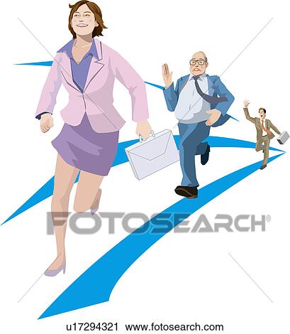 Clip Art - Businesswoman and Two Businessmen running, holding bag, Illustrative Technique. Fotosearch