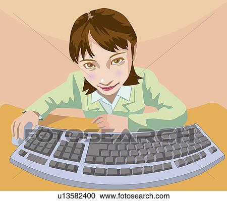 Clipart - Businesswoman gazing at her computer monitor, Illustrative Technique. Fotosearch