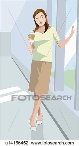 Drawing - Businesswoman holding cup of coffee, standing by the window, Illustrative Technique. Fotosearch