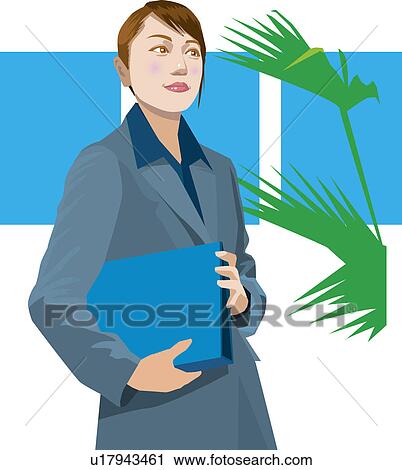 Clip Art - Businesswoman holding file in office, Illustrative Technique. Fotosearch