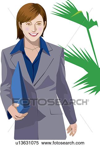 Stock Illustration - Businesswoman holding file in office, smiling, Illustrative Technique. Fotosearch