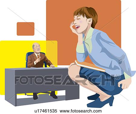 Stock Illustration - Businesswoman laughing at president sitting at desk in her imagination, Illustrative Technique. Fotosearch