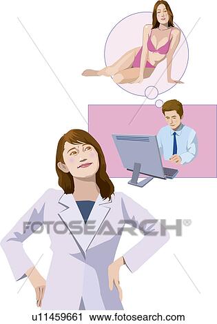 Clip Art - Businesswoman looking up, businessman enjoying Internet surfing, Illustrative Technique. Fotosearch