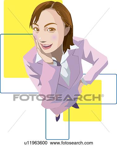 Clipart - Businesswoman looking up, smiling, Illustrative Technique. Fotosearch
