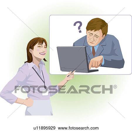 Stock Illustration - Businesswoman pointing at a picture of a troubled businessman, Illustrative Technique. Fotosearch