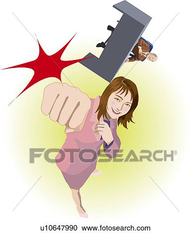 Businesswoman punching her boss, who's sitting at his desk in her imagination, Illustrative Technique View Large Illustration Clipart - Businesswoman punching her boss, who's sitting at his desk in her imagination, Illustrative Technique. Fotosearch