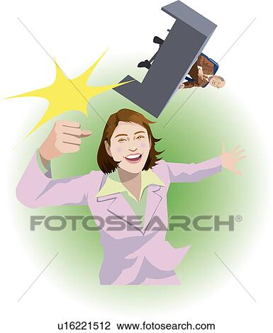 Businesswoman punching president sitting at desk in her Imagination, Illustrative Technique View Large Illustration Drawing - Businesswoman punching president sitting at desk in her Imagination, Illustrative Technique. Fotosearch