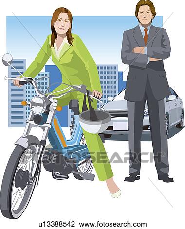 Businesswoman riding on a Motorbike, Businessman standing, Illustrative Technique View Large Illustration Drawing - Businesswoman riding on a Motorbike, Businessman standing, Illustrative Technique. Fotosearch