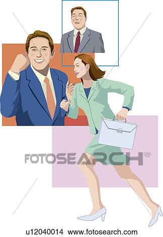 Stock Illustration - Businesswoman running and businessman posing victory, Illustrative Technique. Fotosearch