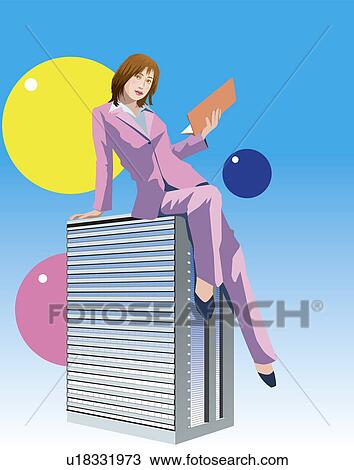 Drawing - Businesswoman sitting on buildingin her imagination, Illustrative Technique. Fotosearch