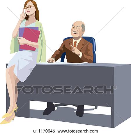 Stock Illustration - Businesswoman sitting on desk of president, president getting angry, Illustrative Technique. Fotosearch