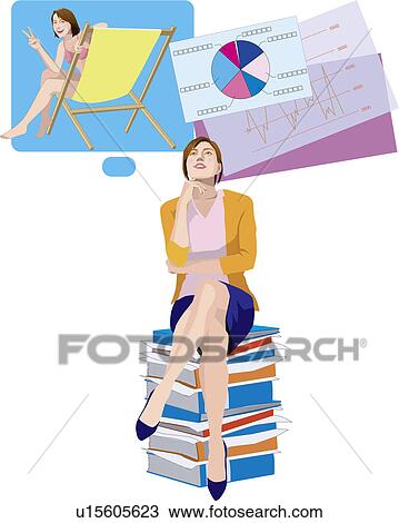 Businesswoman sitting on piled up files, imaging vacation, Illustrative Technique View Large Illustration Drawing - Businesswoman sitting on piled up files, imaging vacation, Illustrative Technique. Fotosearch
