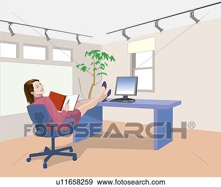 Stock Illustration - Businesswoman sitting with her legs on the desk, Illustrative Technique. Fotosearch