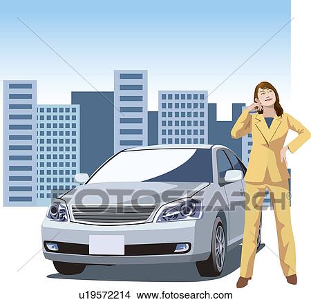 Businesswoman standing beside a car in the city, Illustrative Technique View Large Illustration Stock Illustration - Businesswoman standing beside a car in the city, Illustrative Technique. Fotosearch