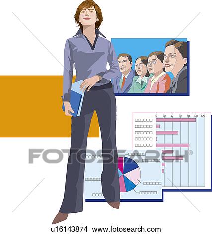 Stock Illustration - Businesswoman standing, four people in picture, Illustrative Technique. Fotosearch