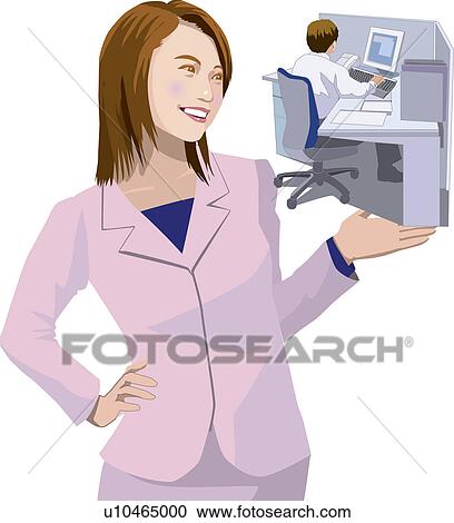 Businesswoman standing, holding a working businessman sitting at his desk in her hand, Illustrative Technique View Large Illustration Clipart - Businesswoman standing, holding a working businessman sitting at his desk in her hand, Illustrative Technique. Fotosearch