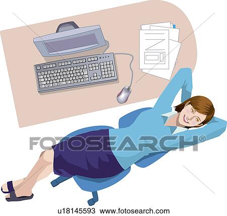 Drawing - Businesswoman taking break at desk, Illustrative Technique. Fotosearch