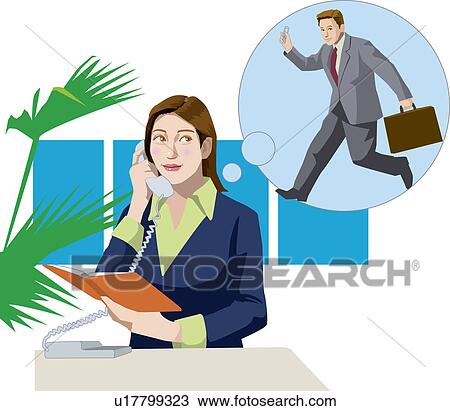 Drawing - Businesswoman thinking about a running businessman, Illustrative Technique. Fotosearch