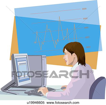 Stock Illustration - Businesswoman using her computer at desk, Illustrative Technique. Fotosearch