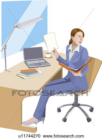Businesswoman working at desk, Illustrative Technique View Large Illustration Clipart - Businesswoman working at desk, Illustrative Technique. Fotosearch