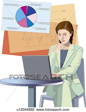Businesswoman working at her laptop on a table, Illustrative Technique View Large Illustration Drawing - Businesswoman working at her laptop on a table, Illustrative Technique. Fotosearch
