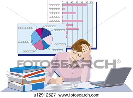Stock Illustration - Businesswoman working hard and looking stressed at her desk, Illustrative Technique. Fotosearch