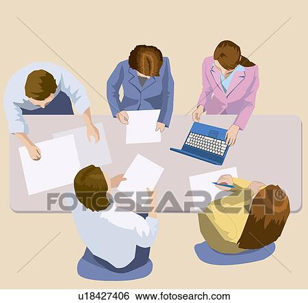 Stock Illustration - Group of businesswoman and businessmen having a meeting, Illustrative Technique. Fotosearch