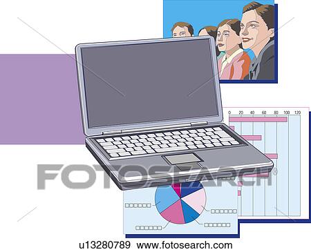 Stock Illustration - Laptop, four people in picture, Illustrative Technique. Fotosearch