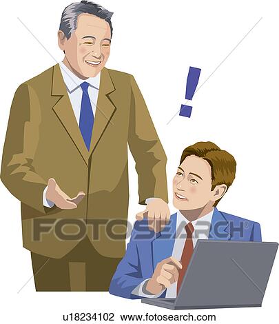 Drawing - Mature man putting hand on young man's shoulder, Illustrative Technique. Fotosearch