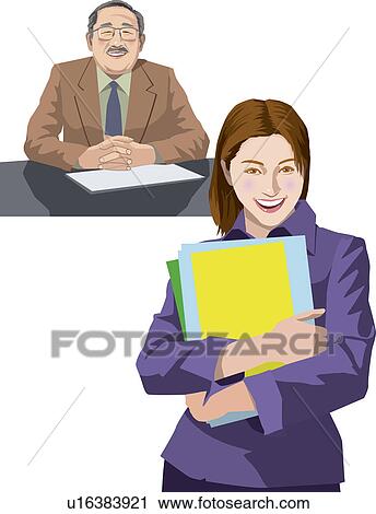 Clip Art - President sitting at desk and secretary folding files, Illustrative Technique. Fotosearch