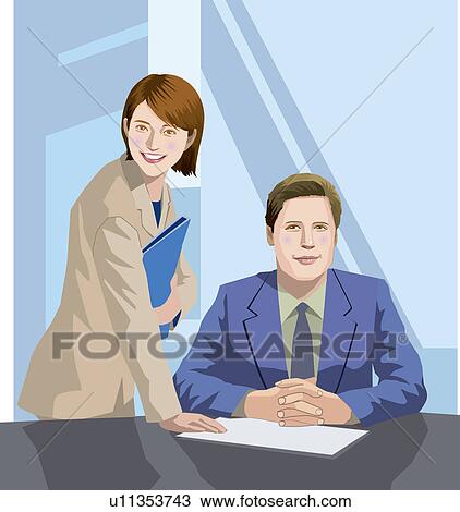 Drawing - President sitting at desk and secretary standing beside him, Illustrative Technique. Fotosearch