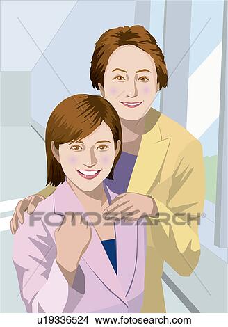 Stock Illustration - Proprietress putting hands on female staff's shoulders, Illustrative Technique. Fotosearch