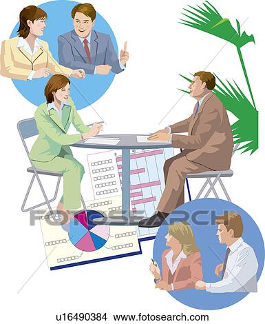 Stock Illustration - Three pair of people having Businessmeetings, Illustrative Technique. Fotosearch