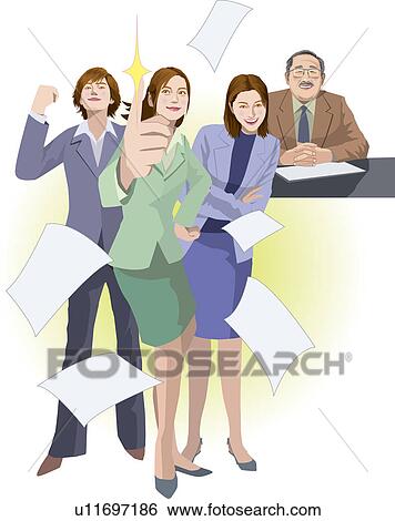 Stock Illustration - Three young women standing with smile and a mature man sitting at desk, Illustrative Technique. Fotosearch