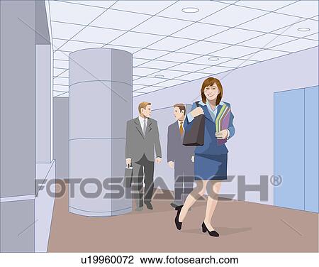Drawing - Two Businessmen and a businesswoman walking in the hallway, Illustrative Technique. Fotosearch