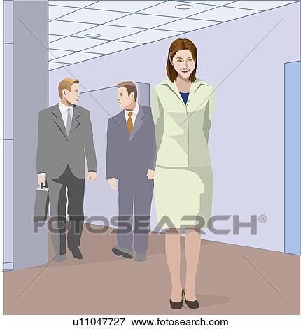 Stock Illustration - Two Businessmen and a businesswoman walking in the hallway, Illustrative Technique. Fotosearch