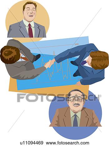 Stock Illustration - Two Businessmen shaking hands, their bosses smiling, Illustrative Technique. Fotosearch