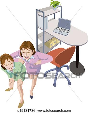 Two Businesswomen bending down and laughing in office, Illustrative Technique View Large Illustration Stock Illustration - Two Businesswomen bending down and laughing in office, Illustrative Technique. Fotosearch
