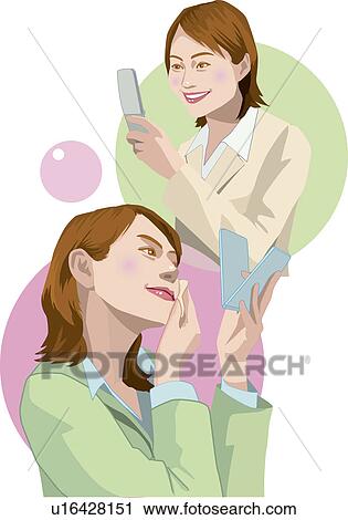 Clip Art - Two women, one powdering her face, the other one looking at her cell phone, Illustrative Technique. Fotosearch