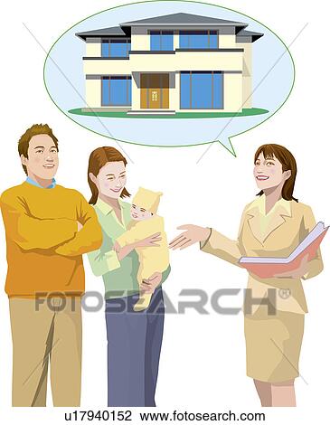 Woman recommending house to family, Illustrative Technique View Large Illustration Drawing - Woman recommending house to family, Illustrative Technique. Fotosearch