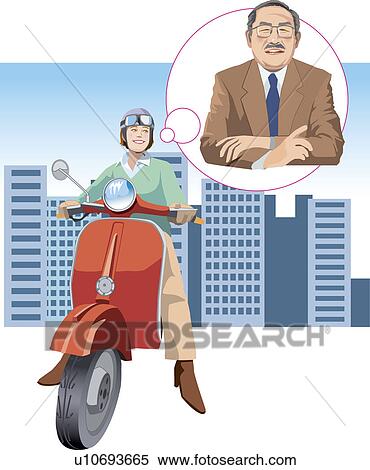 Stock Illustration - Woman riding on a Motorbike, thinking about her boss, Illustrative Technique. Fotosearch