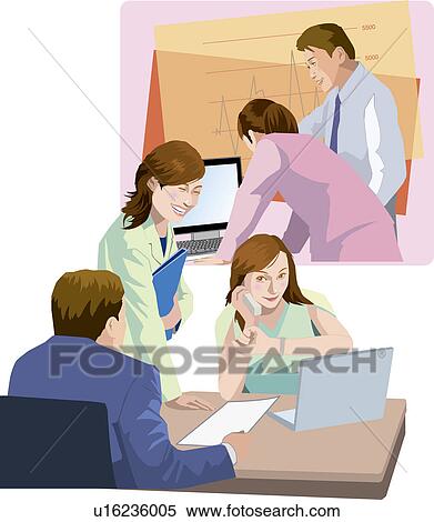 Stock Illustration - Working people in office, Illustrative Technique. Fotosearch