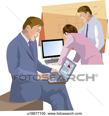 Stock Illustration - Working people using a computer, Illustrative Technique. Fotosearch