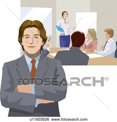 Stock Illustration - Young businessman folding arms and people having meeting, Illustrative Technique. Fotosearch