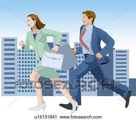 Clip Art - Young businesswoman and businessman running, holding bag, Illustrative Technique. Fotosearch