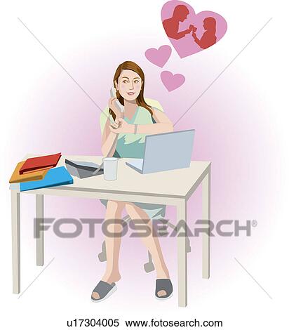 Stock Illustration - Young Businesswoman using phone at desk, Illustrative Technique. Fotosearch