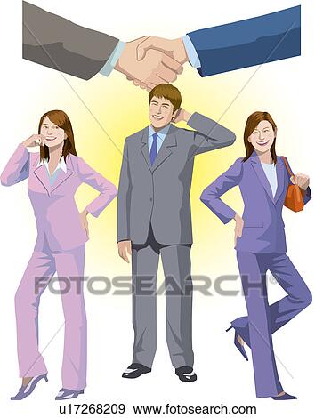 Stock Illustration - Young Businesswomen and a Businessman standing with smile, Illustrative Technique. Fotosearch