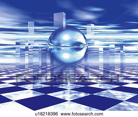 Stock Photograph - Ball and skyscrapers beyond the checkered floor, Computer Graphics, composition. Fotosearch