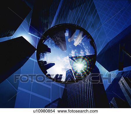 Picture - Ball reflecting the sky and silhouette of buildings, low angle view, lens flare, Computer Graphics, composition. Fotosearch