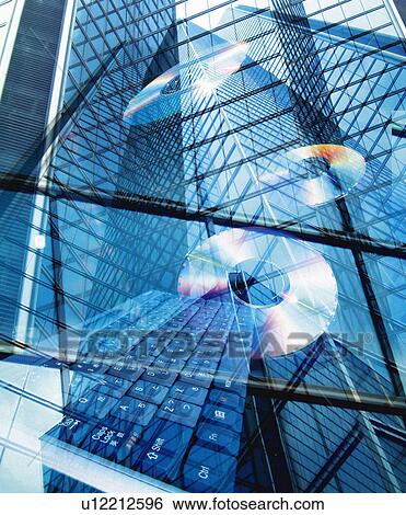 Stock Photograph -  buildings, computer keyboard and CDs, Computer Graphics, composition. Fotosearch